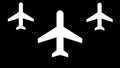 Abstract animation of airplanes-shaped objects synchronically flying above the white stripes on the black background