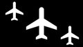 Abstract animation of airplanes-shaped objects synchronically flying above the white stripes on the black background