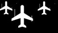 Abstract animation of airplanes-shaped objects synchronically flying above the white stripes on the black background