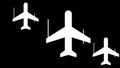 Abstract animation of airplanes-shaped objects synchronically flying above the white stripes on the black background