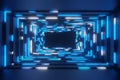 Abstract animation neon blue frame tunnel background 3d rendering