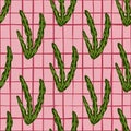 Abstract aquatic seamless pattern with green seaweed ornament. Pink chequered background. Organic print