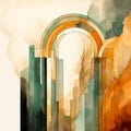 Abstract Arch Aquamarine And Amber Neoclassicism Digital Watercolor Royalty Free Stock Photo