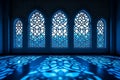 Abstract arched window featuring vibrant geometric patterns in a contemporary artistic design.