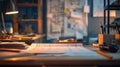 Abstract architects studio A mesmerizing image of an architects desk with a backdrop of blurred blueprints a miniature