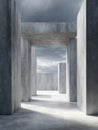 Abstract architectural composition featuring large concrete pillars and beams under a cloudy sky with dramatic light and shadow Royalty Free Stock Photo