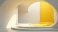 Abstract architectural interior with yellow spilled paint on circular platform and arched walls. Generative AI Royalty Free Stock Photo