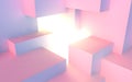 Abstract architectural vaporwave background with cube construction in pink and blue lights stage and light beam inside Royalty Free Stock Photo