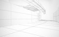 Abstract architectural white interior of a minimalist house with large windows. Drawing.