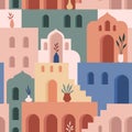 Abstract architecture. Minimalist geometric building shapes seamless pattern, moroccan oriental streets, bohemian