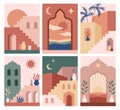 Abstract architecture posters. Simple geometric staircases and eastern arches, moroccan style simple contemporary cards