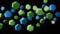 Abstract arrangement of blue and green hexagonal shapes on a black background Royalty Free Stock Photo