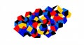 An abstract arrangement of colorful pentagons and hexagons in varying sizes,