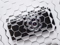 Abstract arrangement of geometric gridwork and repeating patterns with camera background