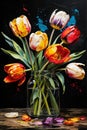 Abstract arrangement of multicolored tulips flower art oil painting texture. Pallet knife artwork on canvas wallpaper. Royalty Free Stock Photo