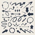 Abstract arrow icons set. Various doodle arrows in different shapes with grunge texture. Hand-drawn abstract infographic Royalty Free Stock Photo