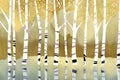Abstract art acrylic oil painting of forest birch trees landscape with gold details and reflection of water from a lake Royalty Free Stock Photo