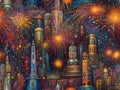 Abstract art of a beautif and unique futuristic city made of fireworks, colorful, oil, sketch, wallart