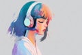 Abstract art, beautiful anime girl listening to music with headphones. Manga. Created using generative Ai