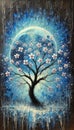 Abstract art with cherry tree on a blue background a imaginative painting poster Royalty Free Stock Photo