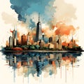 Abstract Chicago cityscape with skyscrapers, river and sunset. Ai illustration