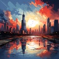 Abstract Chicago cityscape with skyscrapers, river and sunset. Ai illustration