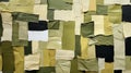 Abstract Art Collage: Colorful Fabric Pieces In Dark Green And Beige