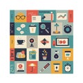 Abstract art composed of a grid of colorful squares, each featuring simple, stylized icons.