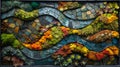 Abstract art composition made entirely from various types of colorful decorative moss and different colorful geometric shapes