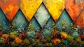 Abstract art composition made entirely from various types of colorful decorative moss and different colorful geometric shapes