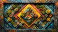 Abstract art composition made entirely from various types of colorful decorative moss and different colorful geometric shapes