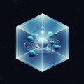 Abstract art depicting a cosmic scene inside a transparent hexagonal cube. Royalty Free Stock Photo