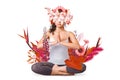 Abstract art design of young woman doing yoga with flowers around body