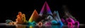 abstract art elements of minerals, crystals, colorful rocks shapes, crystals and dust, chaotic shapes, iridescent neon bright