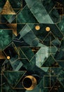 Abstract art geometric pattern with emerald green and gold, featuring an array of shapes Royalty Free Stock Photo