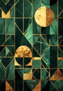 Abstract art geometric pattern with emerald green and gold, featuring an array of shapes Royalty Free Stock Photo