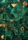 Abstract art geometric pattern with emerald green and gold, featuring an array of shapes