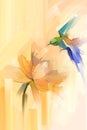 Abstract art, hand painted colorful oil, acrylic painting of bird flying over lotus flower. Illustration hand paint floral blossom Royalty Free Stock Photo