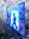 Abstract art human walking through light blue window door to universe watercolor painting illustration design background Royalty Free Stock Photo