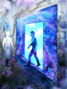 Abstract art human walking through light blue window door to universe watercolor painting illustration design background Royalty Free Stock Photo