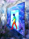 Abstract art human walking through light blue window door to universe watercolor painting illustration design background