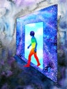 Abstract art human walking through light blue window door to universe watercolor painting illustration design background