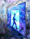 Abstract art human walking through light blue window door to universe watercolor painting illustration design background