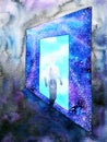 Abstract art human walking through light blue window door to universe watercolor painting illustration design background Royalty Free Stock Photo