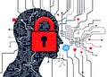 The abstract art image that is composed of a head silhouette, a padlock, circuit board lines, code, and other symbols. Background