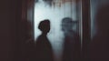 Abstract art image of silhouettes in shadows, blurred figures in a dark room suggest mystery. Evocative and atmospheric