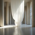 Abstract art installation in light large room. White fabric hangs from ceiling. Modern interior design includes arches, columns. Royalty Free Stock Photo