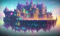 Abstract art landscape with floating magical castle illustration. Generative Ai