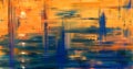 Abstract art landscape painting, background illustration. Sunset artwork on canvas in 4K size. Oil painted fine art. Yellow hand