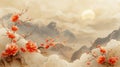 In this abstract art landscape you can see hand drawn line elements using Chinese clouds with gold peony flowers in the